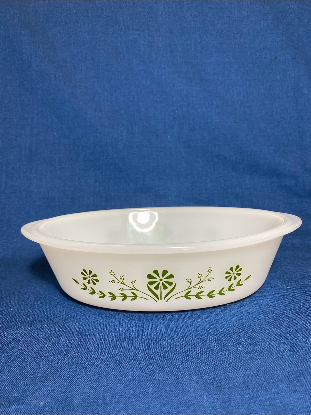 Glasbake Milk Glass Oval 1 quart Casserole Dish with Green Crazy Daisy Border